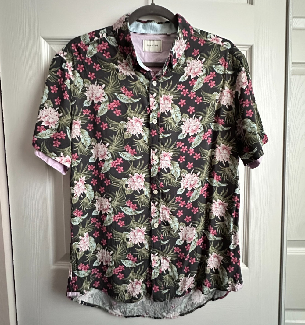7Diamonds Mens Medium Tropical Floral Hawaiian Button Up Short Sleeve Shirt